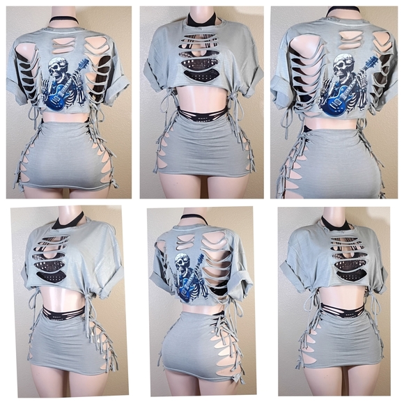 custom made Tops - Gray  Custom Rocker Tshirt Skirt Set